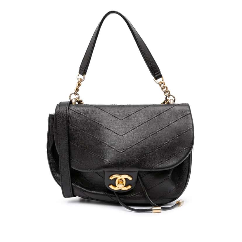 Chanel CC Chevron Calfskin Round Flap Satchel Black Leather Good condition - Front View