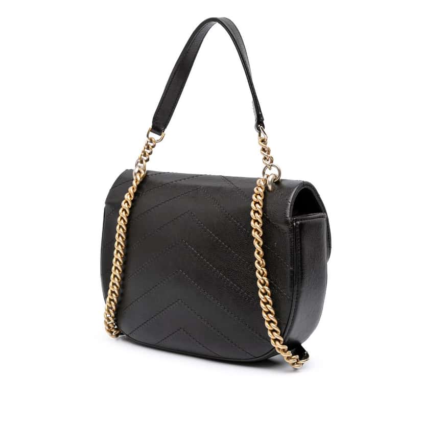 Chanel CC Chevron Calfskin Round Flap Satchel Black Leather Good condition - Back View