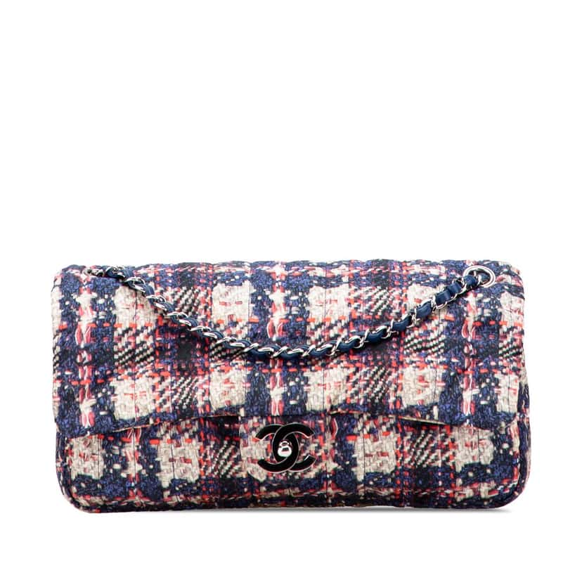Chanel CC Nylon Tweed Print Single Flap Blue Good condition - Front View