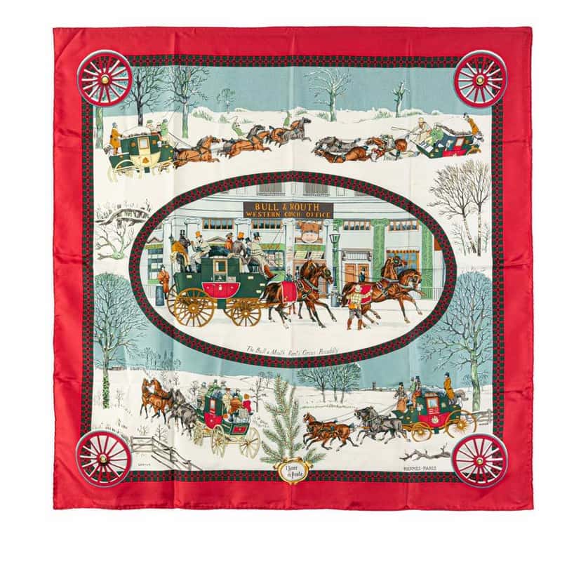 Hermès Bull & Mouth Western Coach Office Silk Scarf Red Silk Good condition - Front View