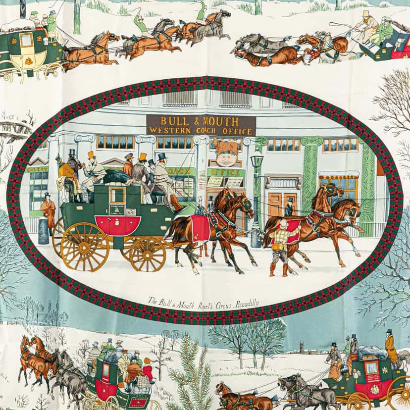 Hermès Bull & Mouth Western Coach Office Silk Scarf Red Silk Good condition - Back View