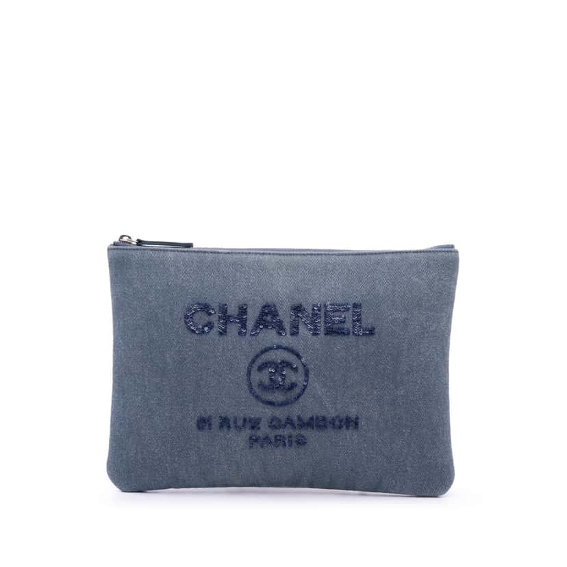 Chanel Medium Denim Sequin Deauville O Case Clutch Blue Denim Good condition - Front View