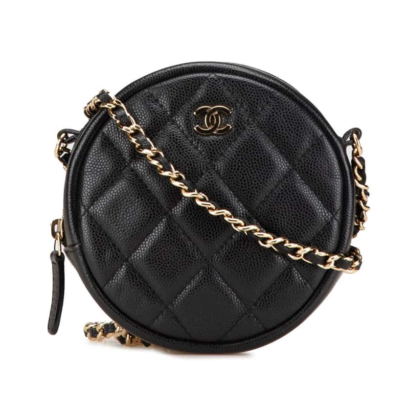 Chanel CC Quilted Caviar Round Clutch With Chain Black Leather Good condition - Front View