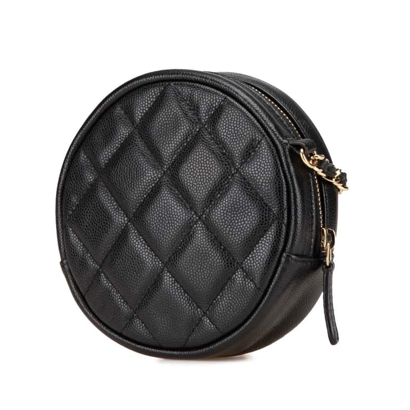 Chanel CC Quilted Caviar Round Clutch With Chain Black Leather Good condition - Back View