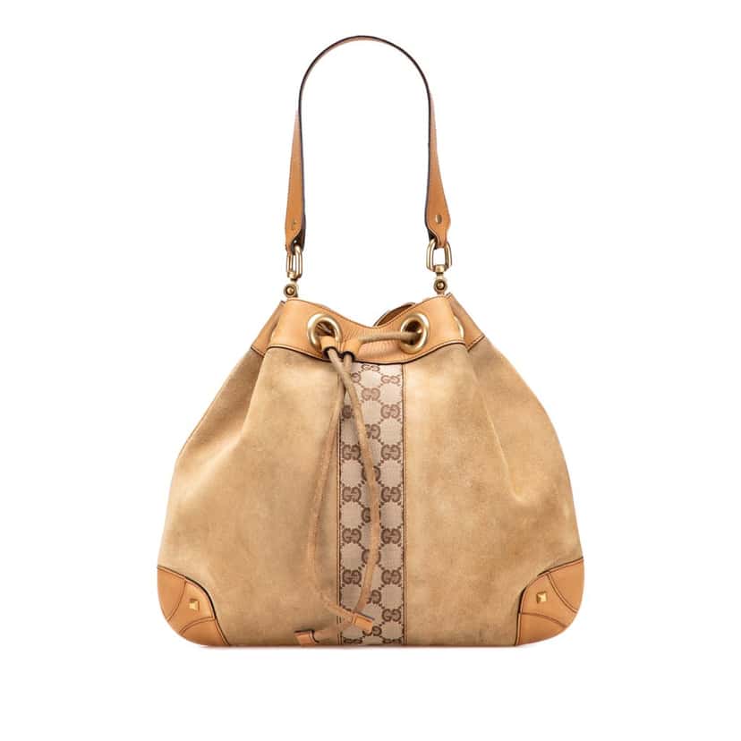 Gucci Suede and GG Canvas Nailhead Drawstring Hobo Brown Leather Good condition - Front View