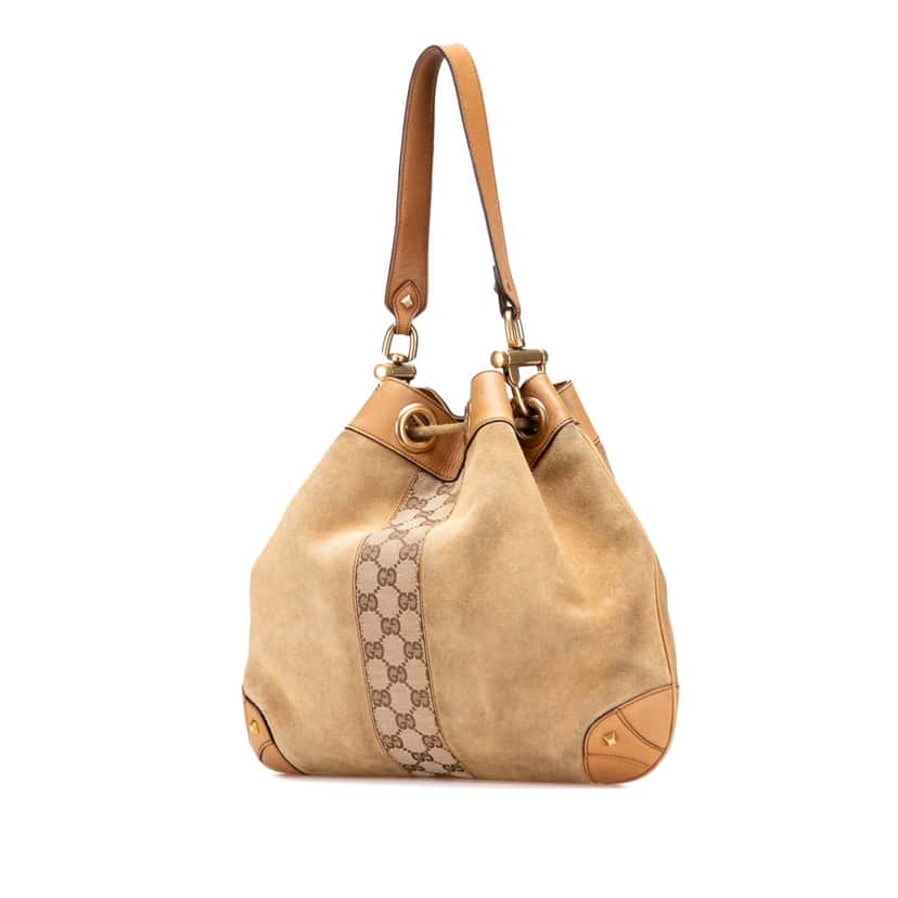 Gucci Suede and GG Canvas Nailhead Drawstring Hobo Brown Leather Good condition - Back View