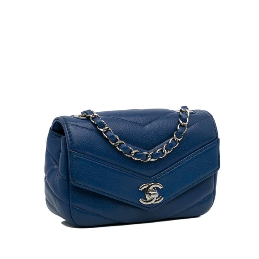 Chanel Mini Caviar Chevron Data Center Envelope Flap Bag Blue Leather Good condition - Back View
