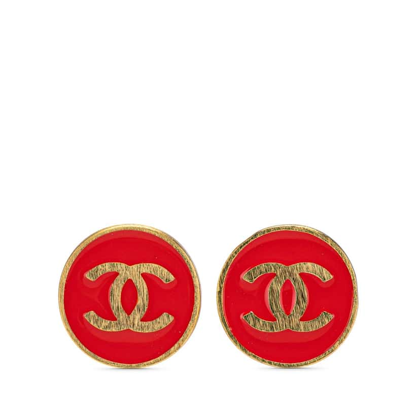 Chanel CC Gold Plated Enamel Button Clip on Earrings Gold Metal Good condition - Front View
