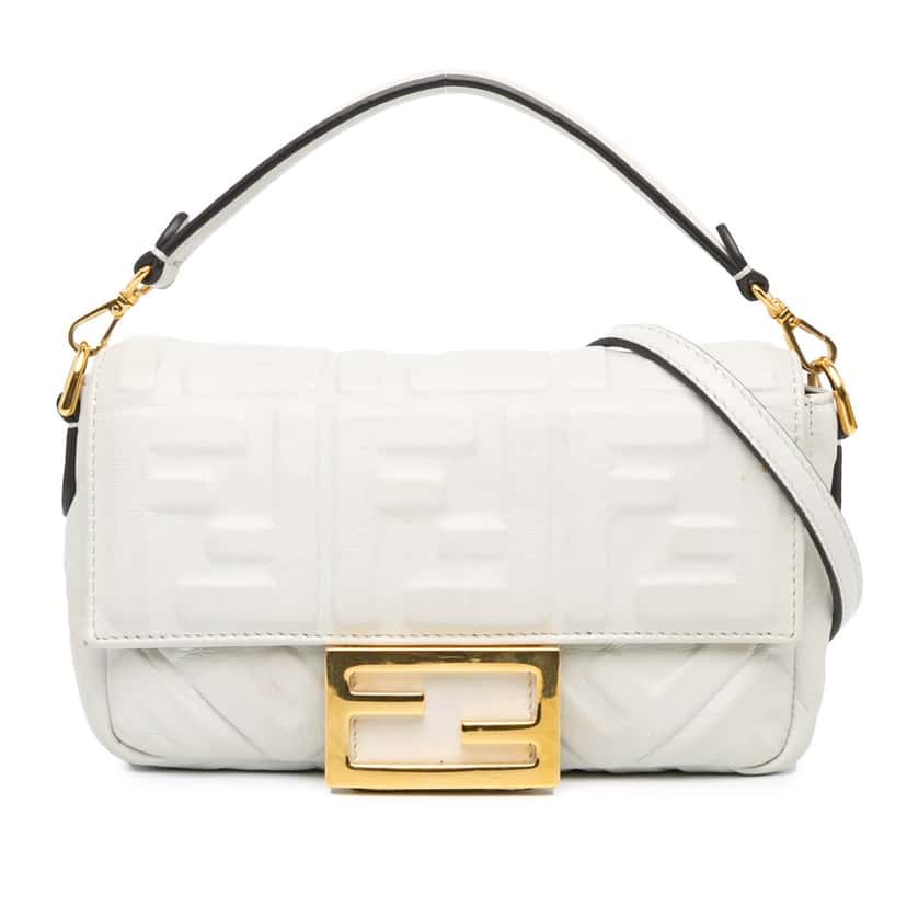 Fendi Mini Zucca Embossed Leather Baguette Satchel White Leather Good condition - Front View