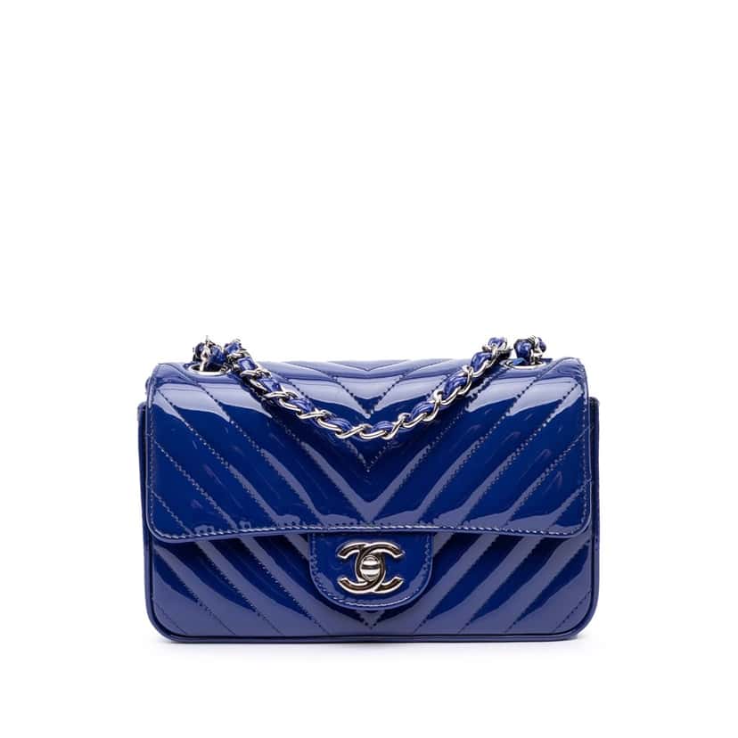 Chanel Mini Rectangular Classic Chevron Patent Single Flap Blue Leather Very good condition - Front View