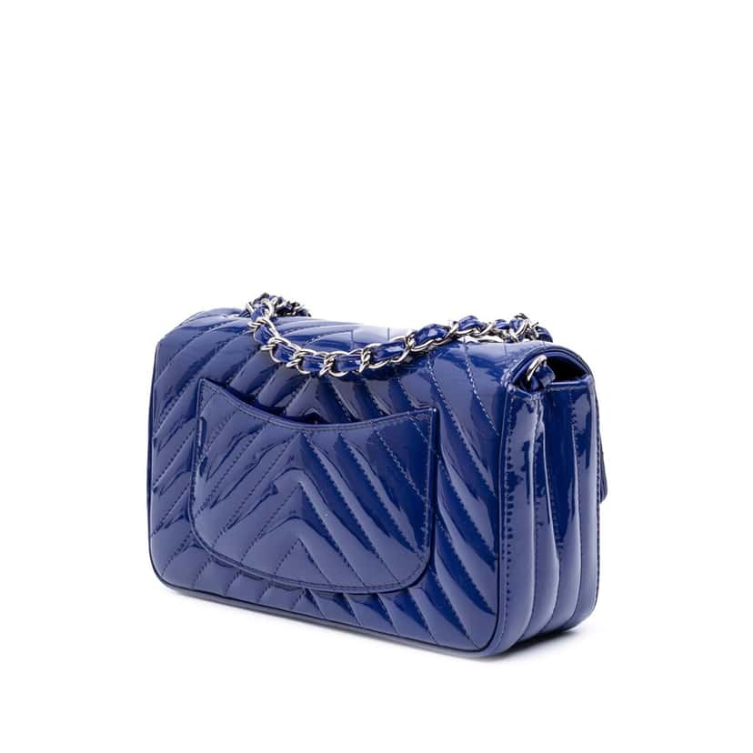 Chanel Mini Rectangular Classic Chevron Patent Single Flap Blue Leather Very good condition - Back View