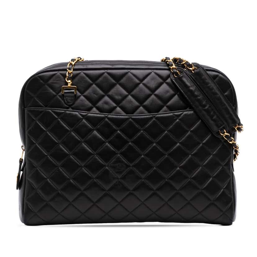 Chanel Quilted Lambskin Shoulder Bag Black Leather Good condition - Front View