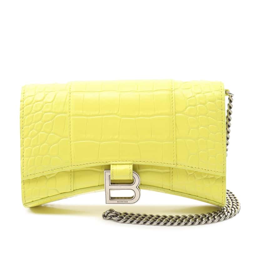Balenciaga Shiny Calfskin Crocodile Embossed Hourglass Wallet On Chain Yellow Leather Good condition - Front View