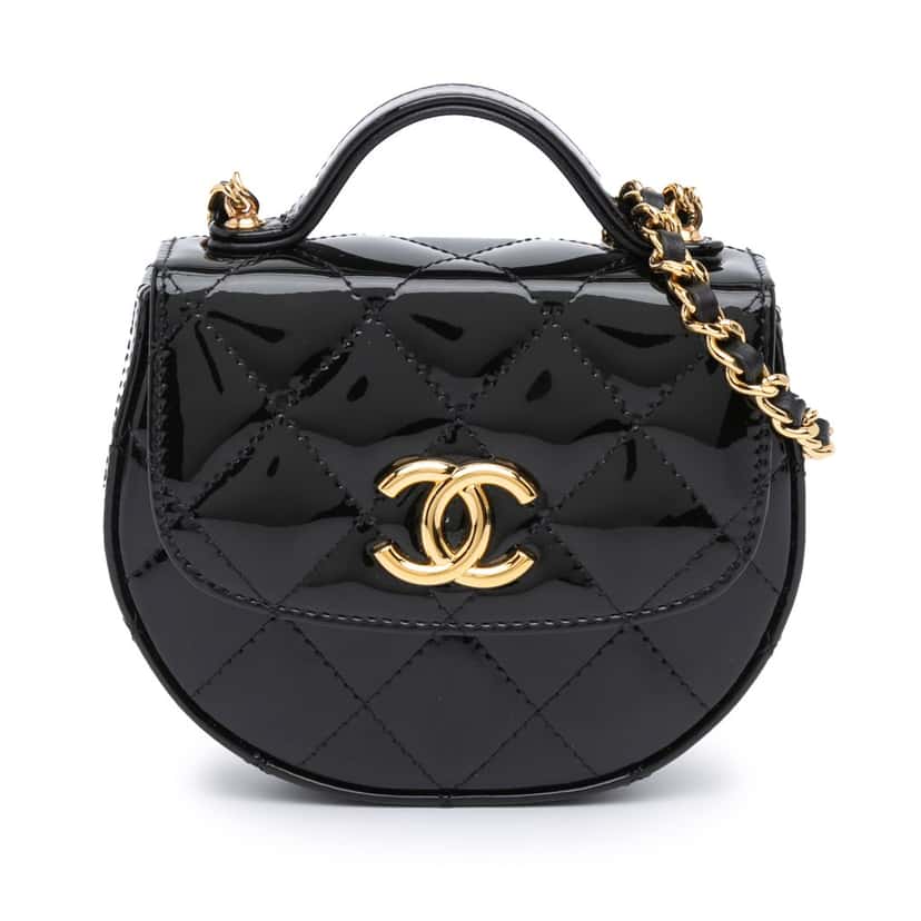 Chanel Mini CC Quilted Patent Leather Top Handle Clutch with Chain Black Leather Good condition - Front View