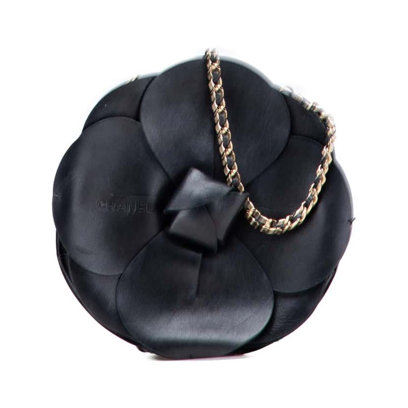 Chanel Lambskin and Satin Camellia Flower Evening Bag Black Leather Good condition - Front View