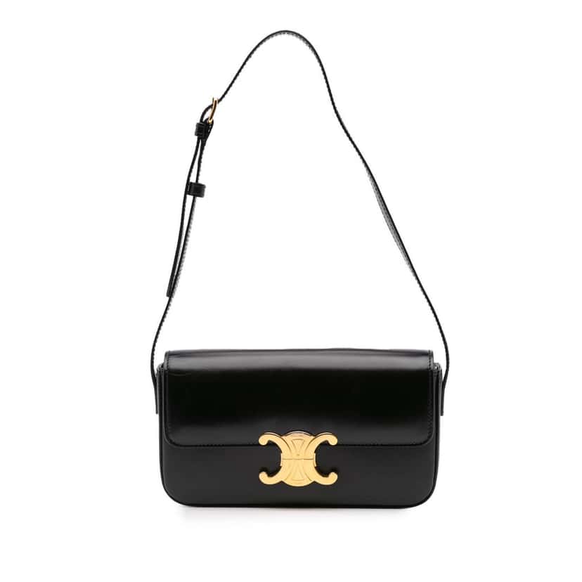 Celine Shiny Calfskin Claude Shoulder Bag Black Leather Good condition - Front View
