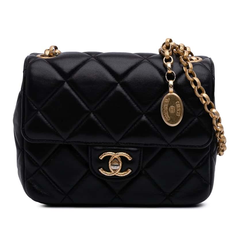 Chanel Mini Quilted Lambskin Bijoux Logo Chain Square Flap Black Leather Good condition - Front View