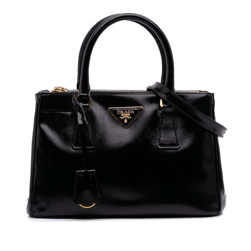 Prada Small Saffiano Vernice Galleria Double Zip Satchel Black Leather Good condition - Front View