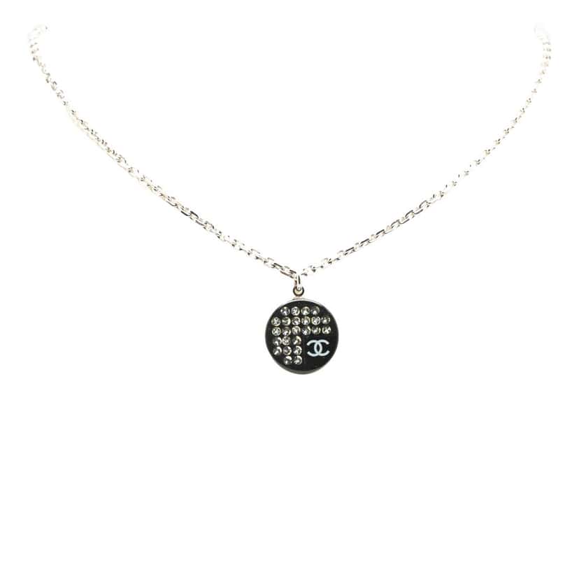 Chanel Silver Plated CC Resin and Rhinestone Pendant Necklace Silver Silver Good condition - Front View