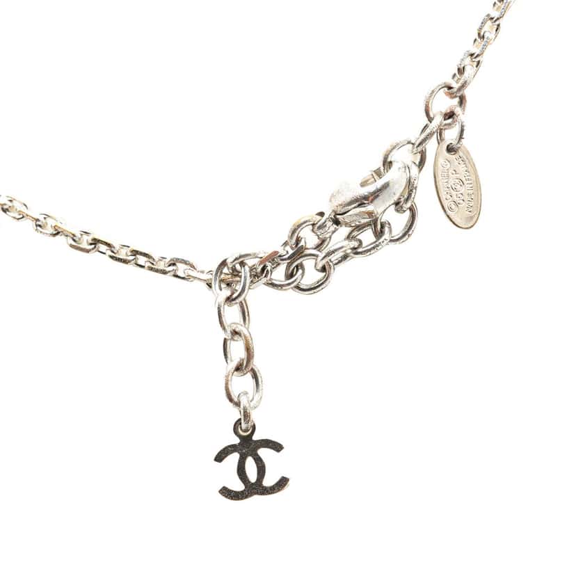 Chanel Silver Plated CC Resin and Rhinestone Pendant Necklace Silver Silver Good condition - Inside View