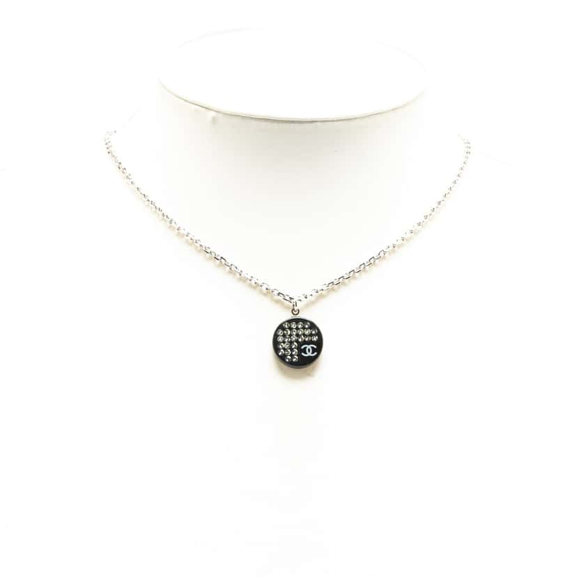 Chanel Silver Plated CC Resin and Rhinestone Pendant Necklace Silver Silver Good condition - Model View