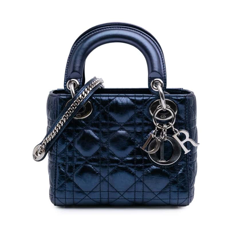 Dior Mini Metallic Calfskin Cannage Lady Dior Blue Leather Good condition - Front View