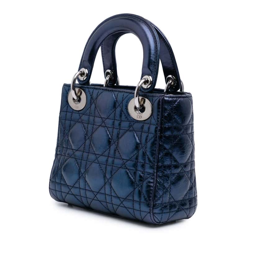 Dior Mini Metallic Calfskin Cannage Lady Dior Blue Leather Good condition - Back View