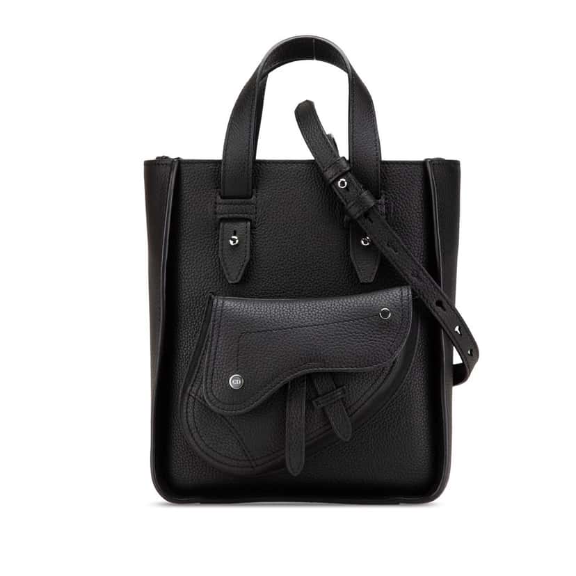 Dior Mini Grained Calfskin Saddle Tote Black Leather Good condition - Front View