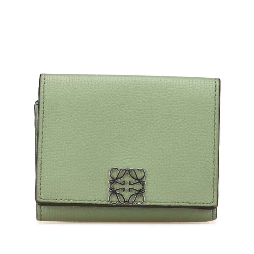 Loewe Grained Calfskin Anagram Compact Flap Wallet Green Leather Good condition - Front View