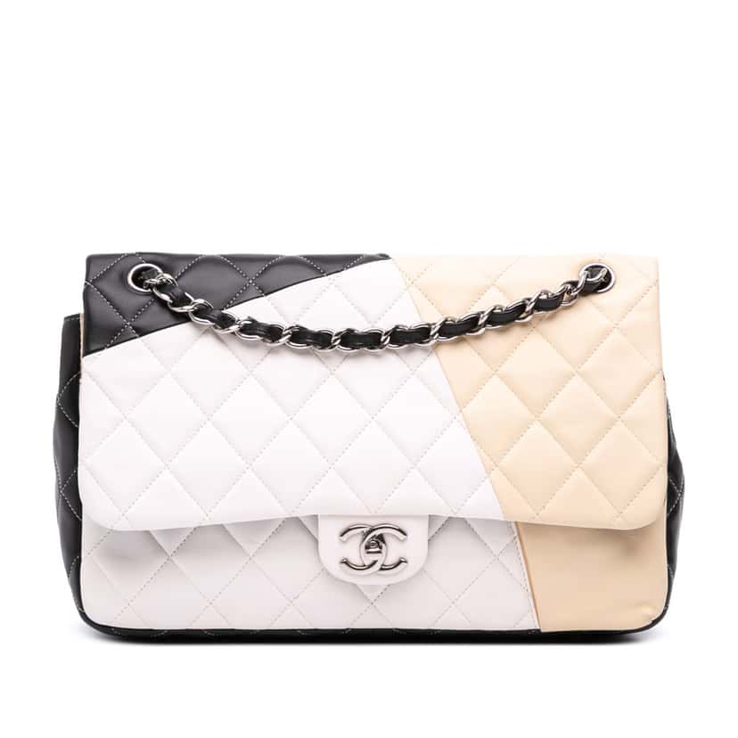 Chanel Jumbo Classic Tricolor Lambskin Colorblock Double Flap Brown Leather Good condition - Front View