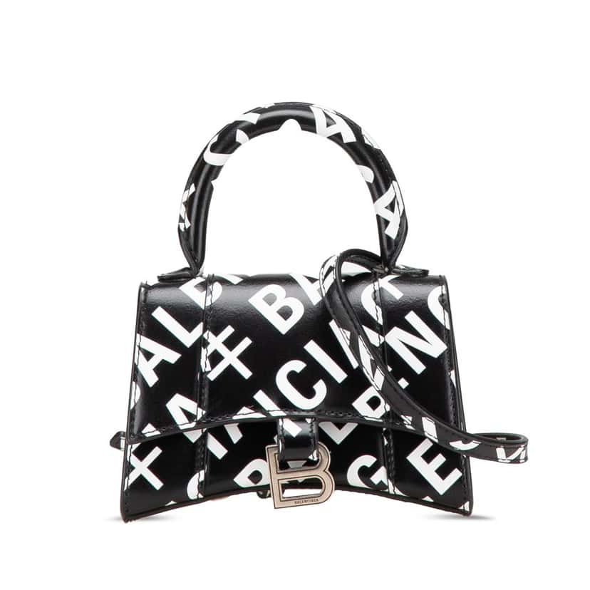 Balenciaga Mini Smooth Calfskin Allover Logo Print Hourglass Top Handle Bag Black Leather Good condition - Front View