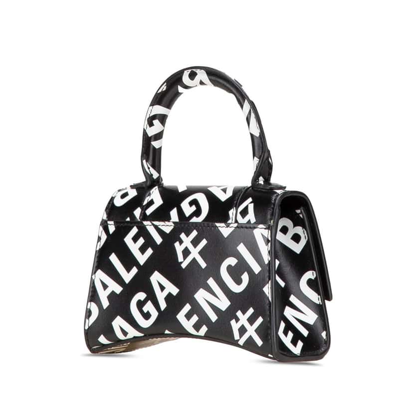 Balenciaga Mini Smooth Calfskin Allover Logo Print Hourglass Top Handle Bag Black Leather Good condition - Back View