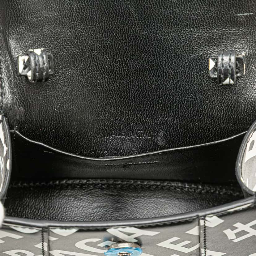 Balenciaga Mini Smooth Calfskin Allover Logo Print Hourglass Top Handle Bag Black Leather Good condition - Box View
