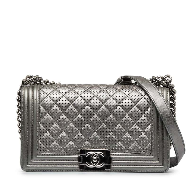 Chanel Old Medium Quilted Perforated Metallic Lambskin Boy Flap Grey Leather Good condition - Front View