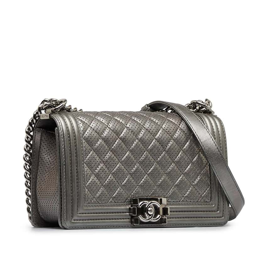 Chanel Old Medium Quilted Perforated Metallic Lambskin Boy Flap Grey Leather Good condition - Back View