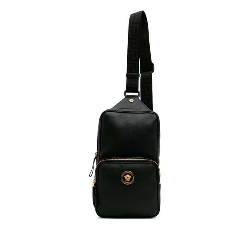 Versace Grained Calfskin Medusa Sling Bag Black Leather Good condition - Front View