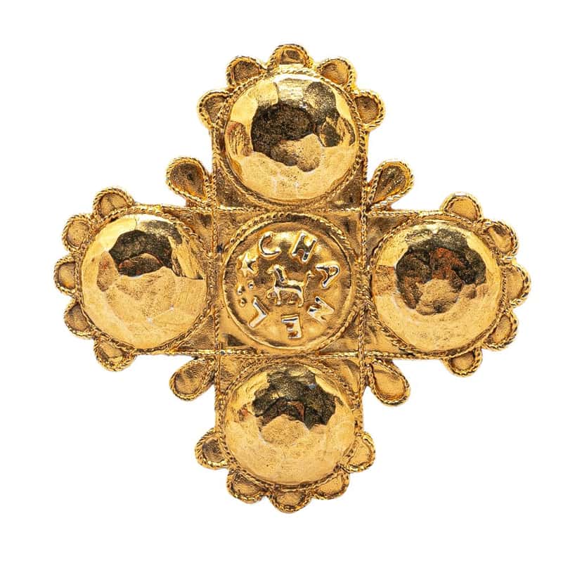 Chanel Gold Plated Lion Logo Cross Brooch Gold Metal Good condition - Front View