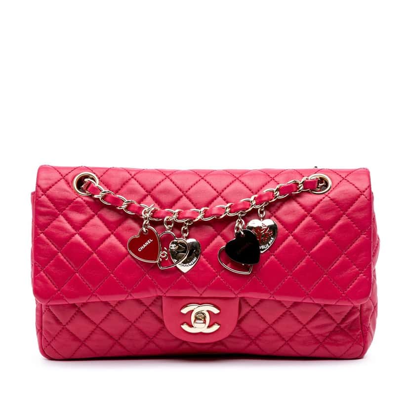 Chanel Medium Classic Lambskin Valentines Heart Charms Single Flap Pink Leather Good condition - Front View