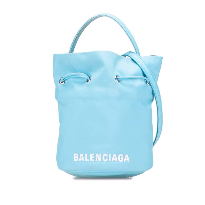 Balenciaga Recycled Sport Nylon Embroidered Logo Wheel Drawstring Bucket Bag Blue Good condition - Front View