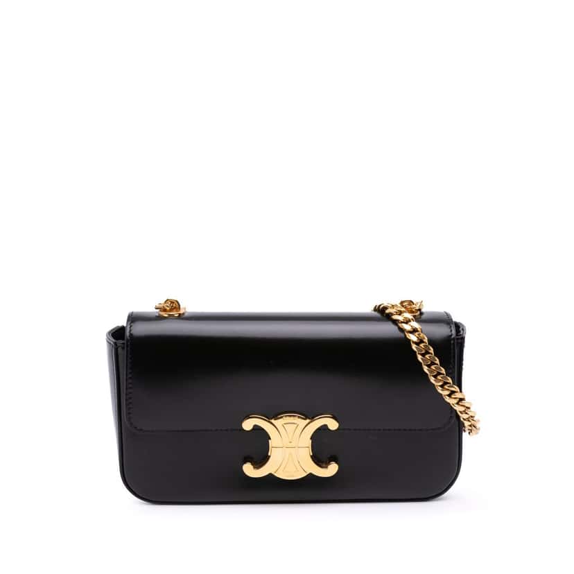 Celine Shiny Calfskin Claude Chain Shoulder Bag Black Leather Good condition - Front View
