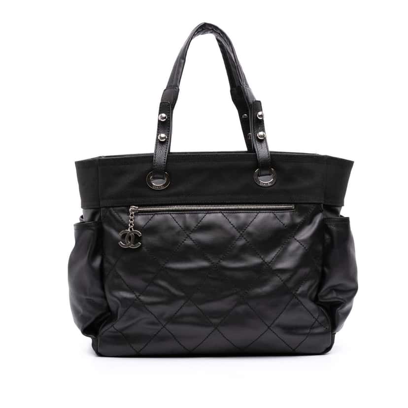 Chanel Paris Biarritz Large Quilted Coated Canvas Tote Black Canvas Good condition - Front View
