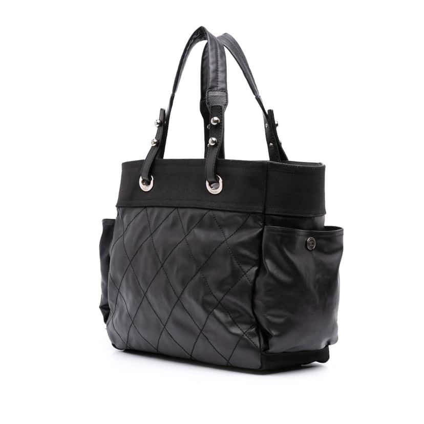 Chanel Paris Biarritz Large Quilted Coated Canvas Tote Black Canvas Good condition - Back View