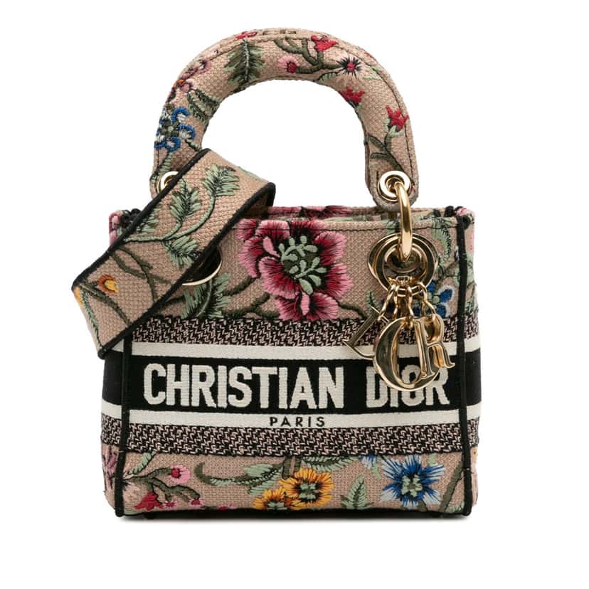 Dior Mini Embroidered Canvas Mille Fleurs Lady D Lite Brown Canvas Good condition - Front View