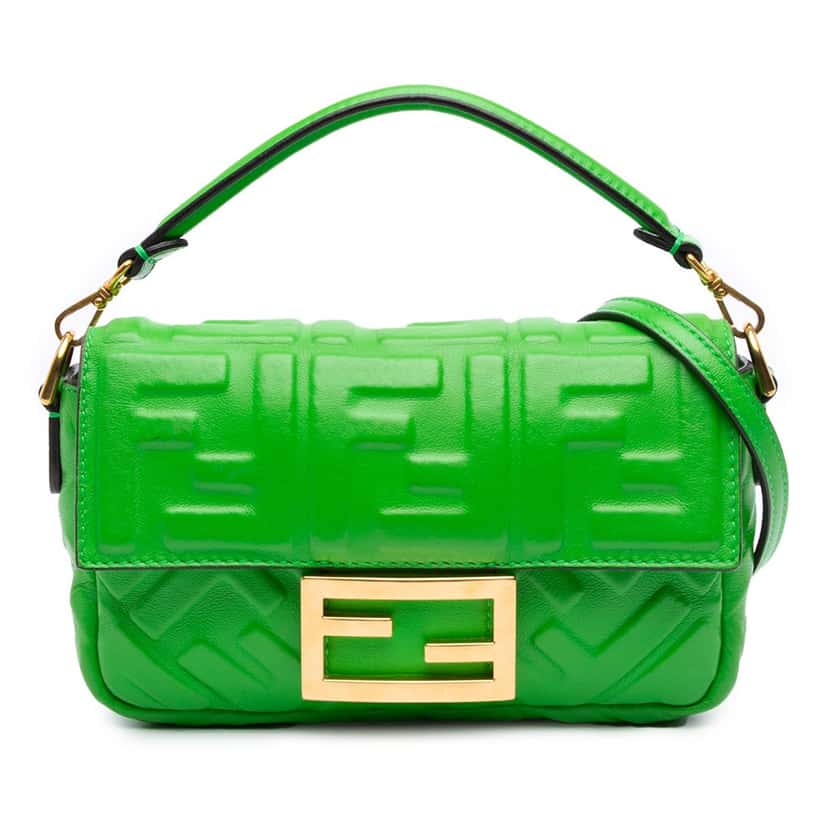 Fendi Mini Zucca Embossed Leather Baguette Satchel Green Leather Good condition - Front View