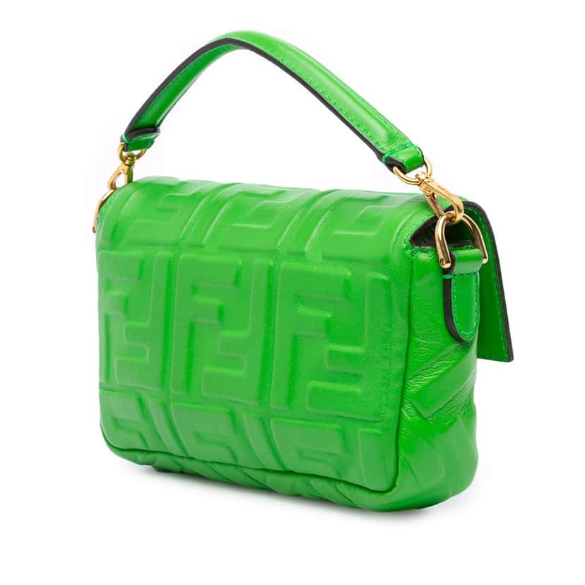 Fendi Mini Zucca Embossed Leather Baguette Satchel Green Leather Good condition - Back View