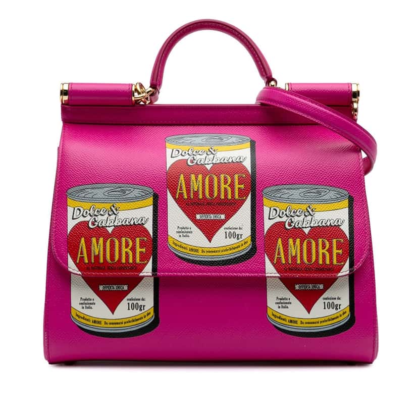 Dolce & Gabbana Medium Calfskin Dauphine Amore Soup Can Print Miss Sicily Satchel Pink Leather Good condition - Front View