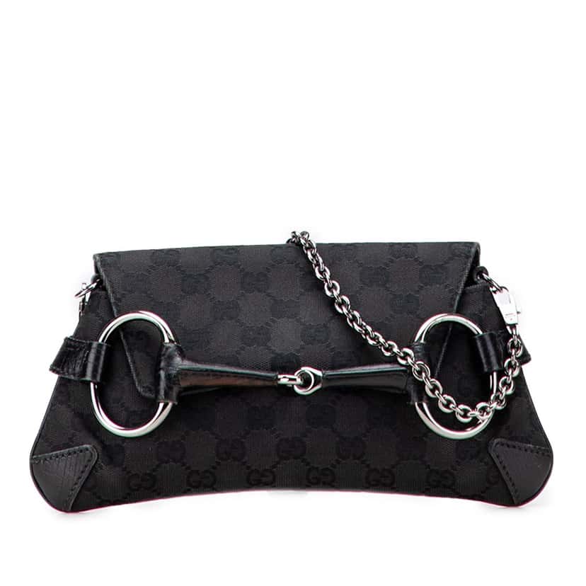 Gucci GG Canvas Horsebit Chain Shoulder Bag Black Canvas Good condition - Front View