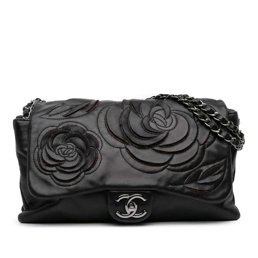 Chanel Lambskin and Tweed Camellia Petals Flap Black Leather Good condition - Front View