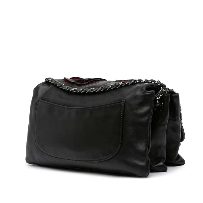 Chanel Lambskin and Tweed Camellia Petals Flap Black Leather Good condition - Back View