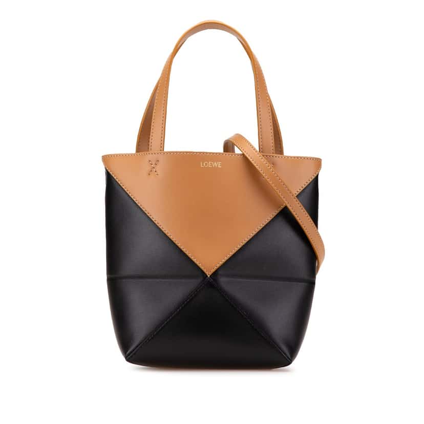 Loewe Mini Bicolor Shiny Calfskin Puzzle Fold Tote Black Leather Good condition - Front View